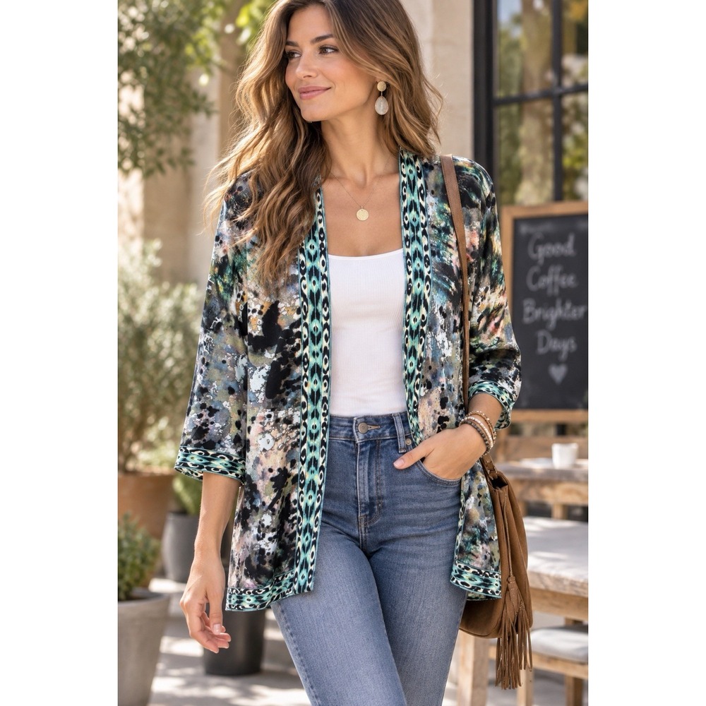 Tolani Kimono~M~Turquoise Black Tie Dye Splash Knit Hi Low Hem Aztec Border BOHO